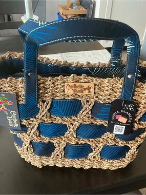 Blue Woven Straw Tote Bag